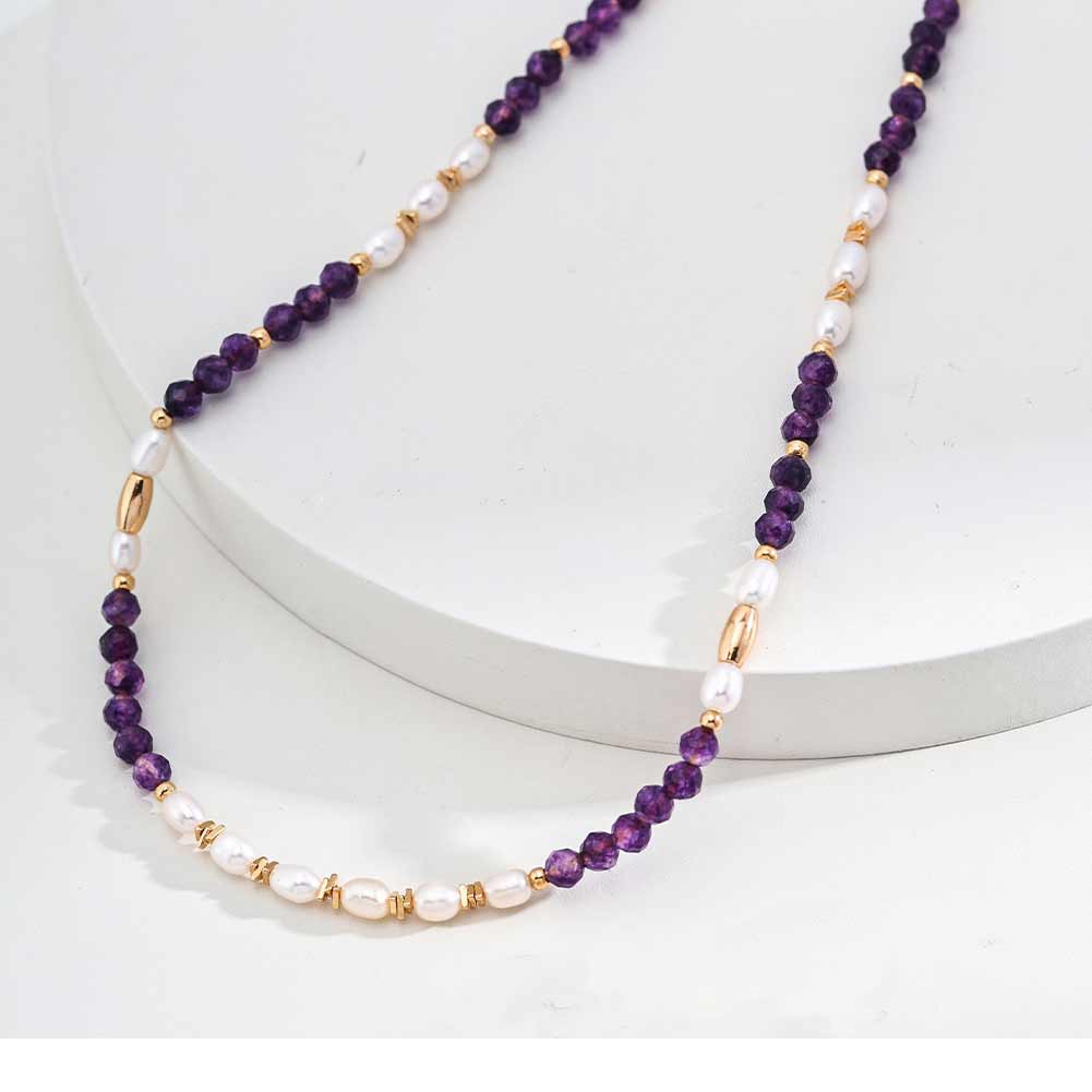 Amethyst Agate Crystal Pearl Necklace 925 Sterling Silver