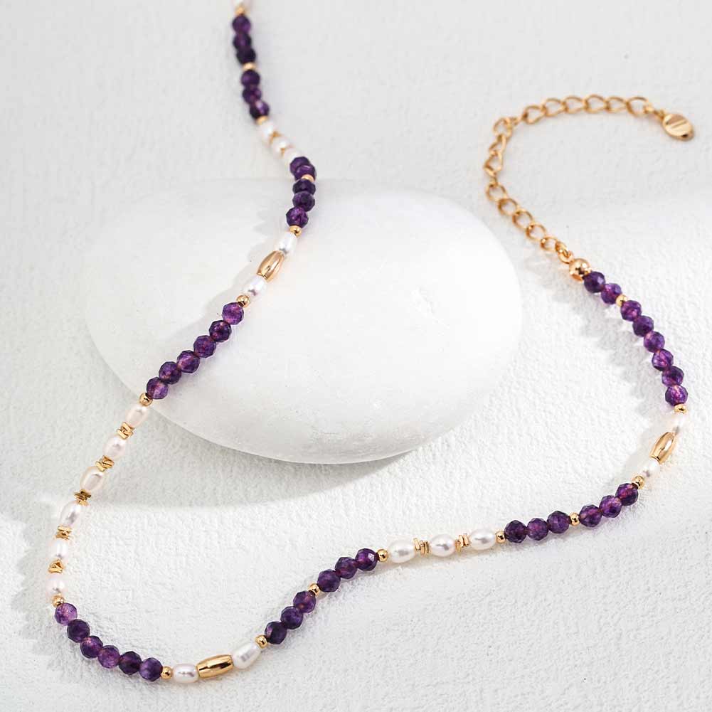 Amethyst Agate Crystal Pearl Necklace 925 Sterling Silver