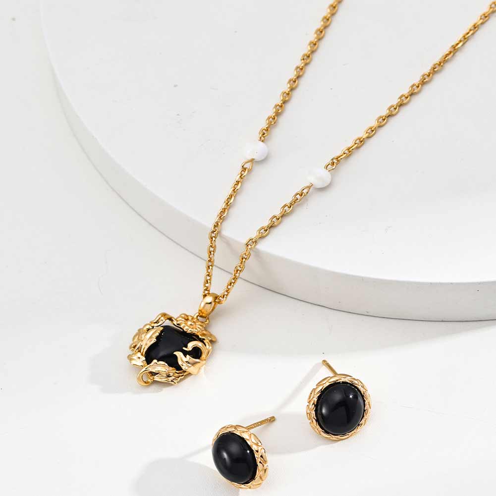 925 Sterling Silver Black Agate Onyx Stud Earring Necklace Set