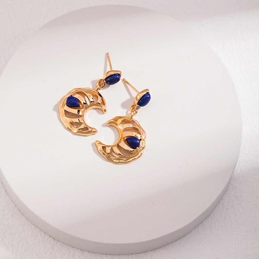 925 Sliver Curved Moon Cutout Earrings, Lapis lazuli Earrings